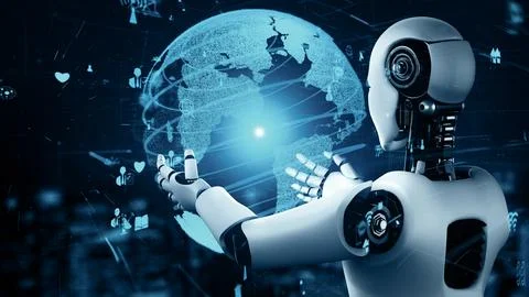 MLP Internet connection controlled by AI robot huminoid and machine learning Stock Illustration