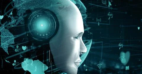 MLP Internet connection controlled by AI robot huminoid and machine learning Illustrazione stock