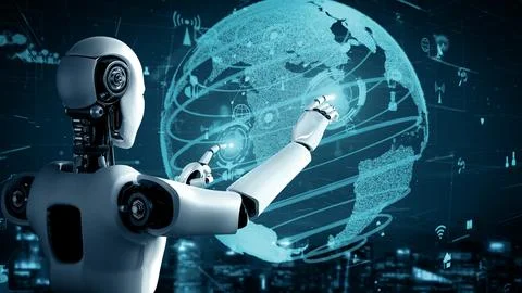 MLP Internet connection controlled by AI robot huminoid and machine learning 스톡 일러스트