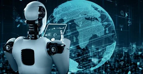 MLP Internet connection controlled by AI robot huminoid and machine learning 库存插图