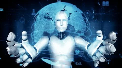 MLP Internet connection controlled by AI robot huminoid and machine learning Stock Illustration