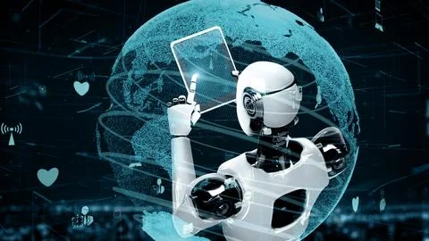 MLP Internet connection controlled by AI robot huminoid and machine learning Stock Illustration