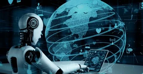 MLP Internet connection controlled by AI robot huminoid and machine learning Stock Illustration