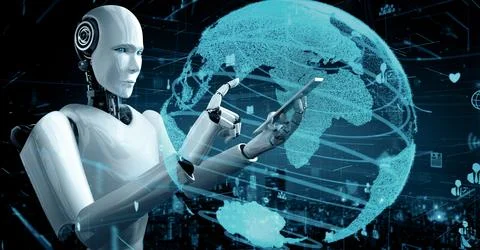 MLP Internet connection controlled by AI robot huminoid and machine learning Illustrazione stock