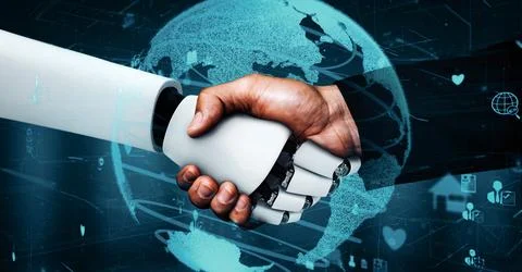 MLP Internet connection controlled by AI robot huminoid and machine learning 库存插图