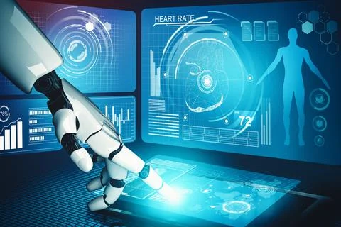 MLP Medical artificial intelligence droid robot working in future hospital Stock Illustration