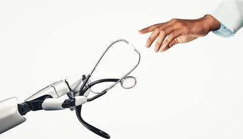 MLP Medical artificial intelligence droid robot working in future hospital Stock Illustration