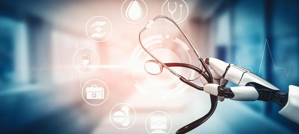 MLP Medical artificial intelligence droid robot working in future hospital Stock Illustration