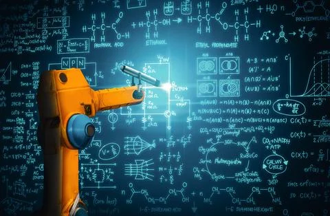 MLP Robot arm AI analyzing mathematics for mechanized industry problem solving Stock Photos