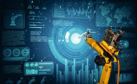 MLP Robot arm AI analyzing mathematics for mechanized industry problem solving Foto stock