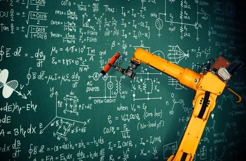 MLP Robot arm AI analyzing mathematics for mechanized industry problem solving Stock Photos