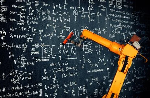MLP Robot arm AI analyzing mathematics for mechanized industry problem solving Stock Photos