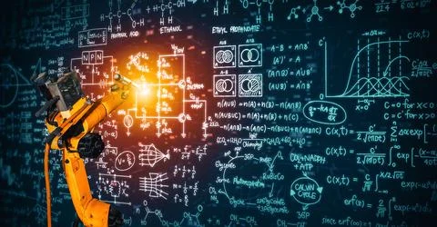 MLP Robot arm AI analyzing mathematics for mechanized industry problem solving Stock Photos