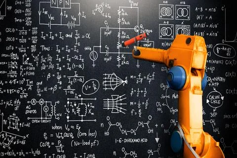 MLP Robot arm AI analyzing mathematics for mechanized industry problem solving Stock Photos