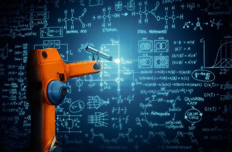 MLP Robot arm AI analyzing mathematics for mechanized industry problem solving Foto stock