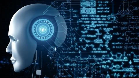 MLP Robot hominoid face close up with graphic concept of engineering science 스톡 일러스트