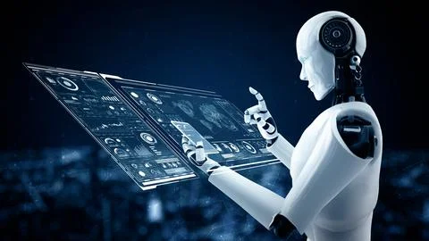 MLP Robot hominoid use mobile phone or tablet for big data analytic Stockillustratie