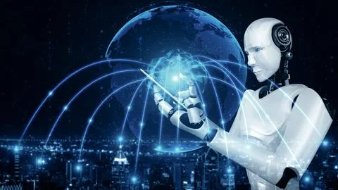 MLP Robot hominoid use mobile phone or tablet for global network connection Stock Illustration
