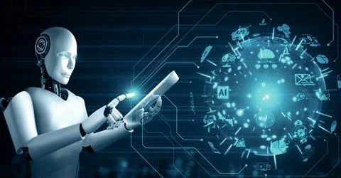 MLP Robot hominoid using tablet computer for global network connection Stock Illustration