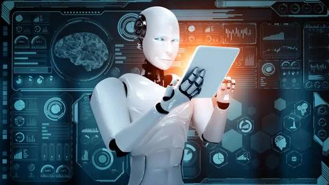 MLP Robot hominoid using tablet computer for big data analytic Stock Illustration