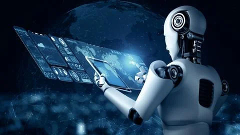 MLP Robot hominoid using tablet computer for big data analytic Stock Illustration
