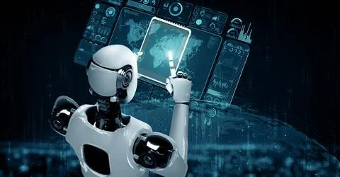 MLP Robot hominoid using tablet computer for global network connection Stock Illustration