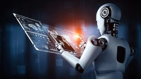 MLP Robot hominoid using tablet computer for big data analytic Illustrazione stock