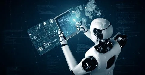 MLP Robot hominoid using tablet computer for big data analytic Illustrazione stock