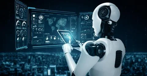 MLP Robot hominoid using tablet computer for big data analytic Illustrazione stock