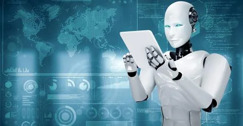 MLP Robot hominoid using tablet computer for big data analytic Stock Illustration