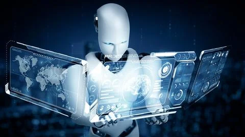 MLP Robot hominoid using tablet computer for big data analytic Stock Illustration