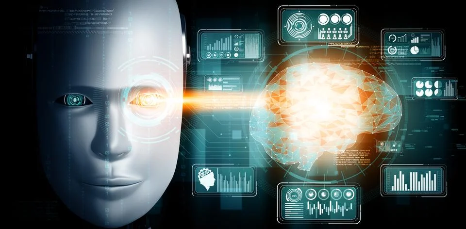 MLP Robot humanoid face close up with graphic concept of big data analytic Illustrazione stock