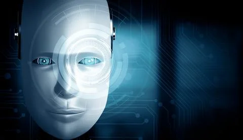 MLP Robot humanoid face close up with graphic concept of AI thinking brain Stockillustratie