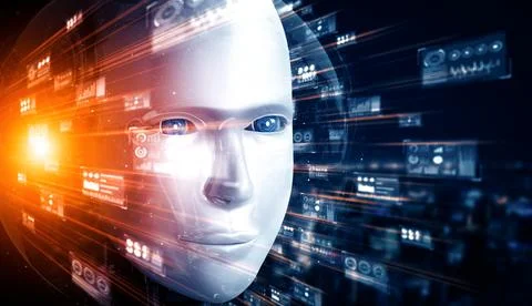 MLP Robot humanoid face close up with graphic concept of big data analytic Illustrazione stock