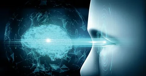 MLP Robot humanoid face close up with graphic concept of AI thinking brain 스톡 일러스트