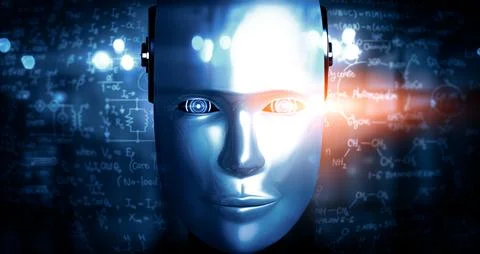 MLP Robot humanoid face close up with graphic concept of engineering science Illustrazione stock