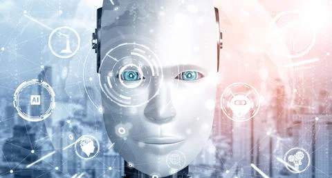 MLP Robot humanoid face close up with graphic concept of AI thinking brain 스톡 일러스트