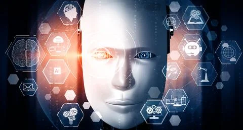 MLP Robot humanoid face close up with graphic concept of AI thinking brain Stockillustratie