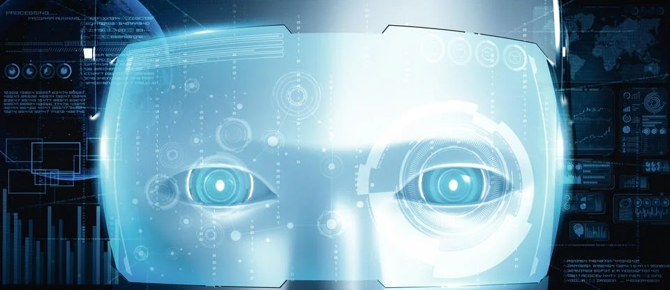MLP Robot humanoid face close up with graphic concept of big data analytic Illustrazione stock
