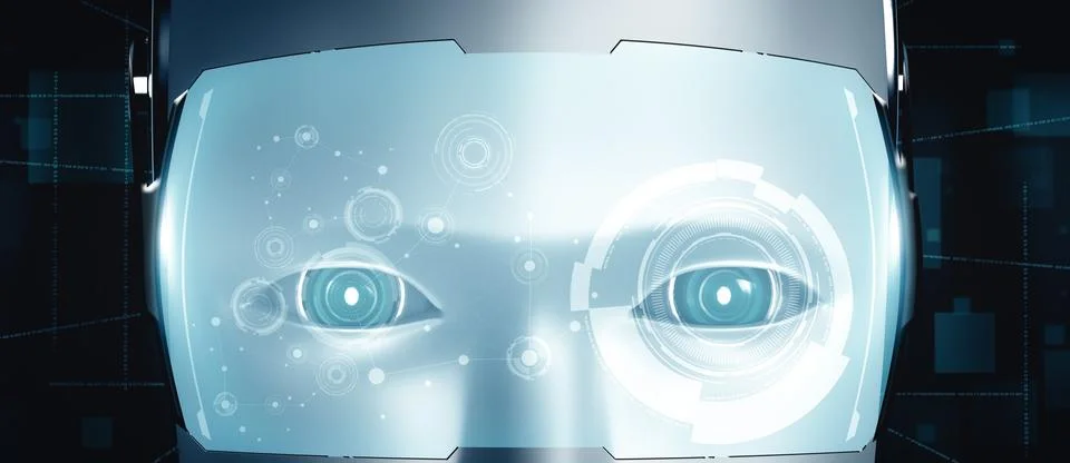 MLP Robot humanoid face close up with graphic concept of AI thinking brain 스톡 일러스트
