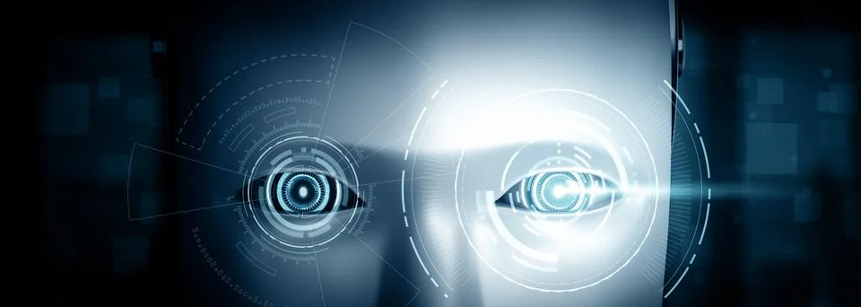 MLP Robot humanoid face close up with graphic concept of AI thinking brain Illustrazione stock