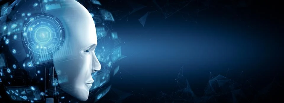 MLP Robot humanoid face close up with graphic concept of big data analytic Illustrazione stock