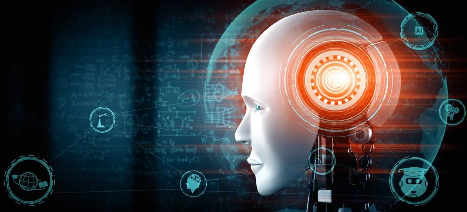 MLP Robot humanoid face close up with graphic concept of engineering science 스톡 일러스트