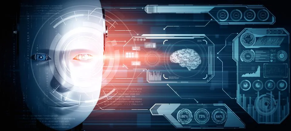 MLP Robot humanoid face close up with graphic concept of big data analytic Illustrazione stock