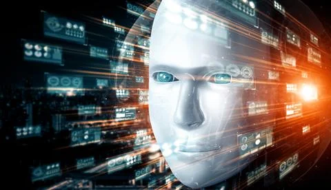 MLP Robot humanoid face close up with graphic concept of big data analytic Stock Illustration