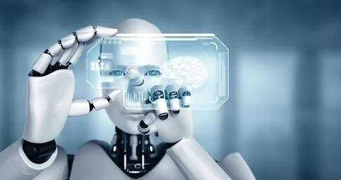 MLP Robot humanoid hold HUD hologram screen in concept of AI thinking brain 스톡 일러스트