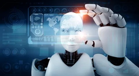 MLP Robot humanoid hold HUD hologram screen in concept of AI thinking brain 스톡 일러스트