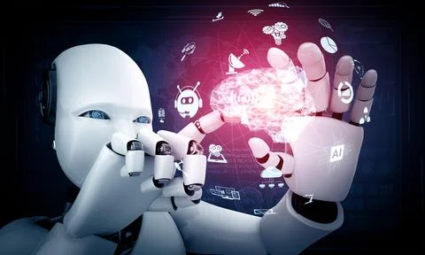 MLP Robot humanoid hold HUD hologram screen in concept of AI thinking brain 스톡 일러스트