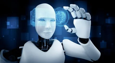 MLP Robot humanoid hold HUD hologram screen in concept of AI thinking brain Stockillustratie