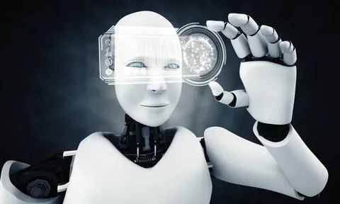 MLP Robot humanoid hold HUD hologram screen in concept of AI thinking brain Stock Illustration